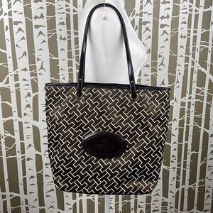 Tommy Hilfiger Logo Print Brown Sateen Patent Leather Trim Tote Bag